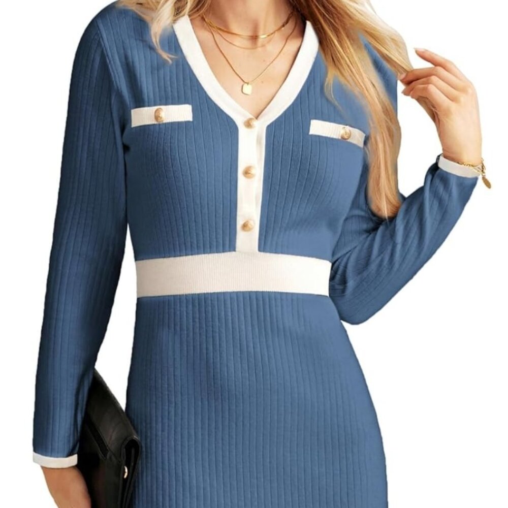 GRACE KARIN Sweater Dress Long Sleeve V Neck Pullover Elegant Midi Knit Dress